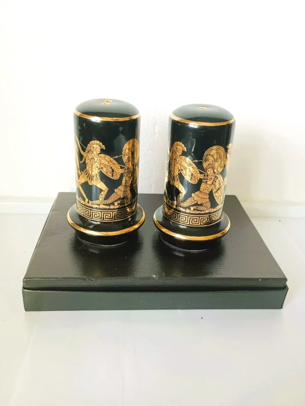 Greek Key Salt & Pepper Shakers Vintage Black with 24K Gold Trim